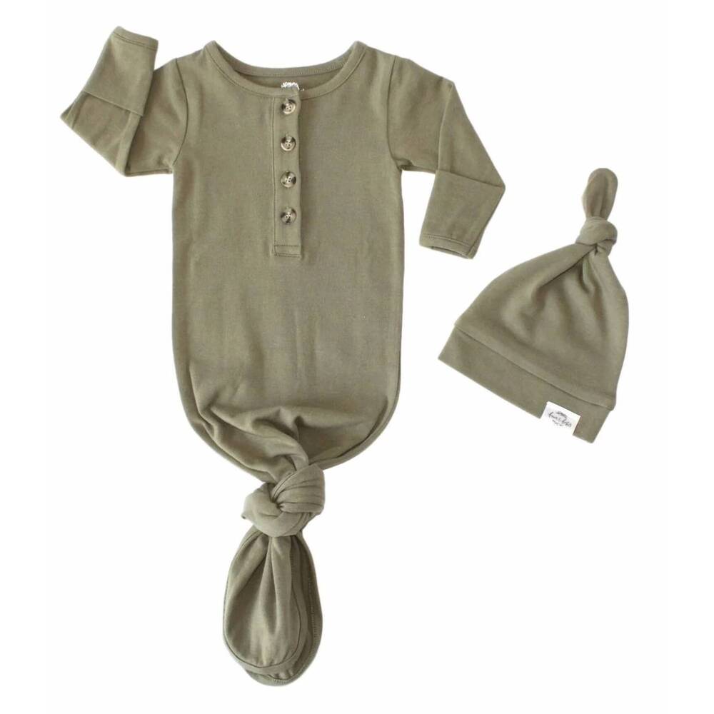 NEW FAWN & FOSTER baby organic knotted gown + top knot hat sleep sack in sage